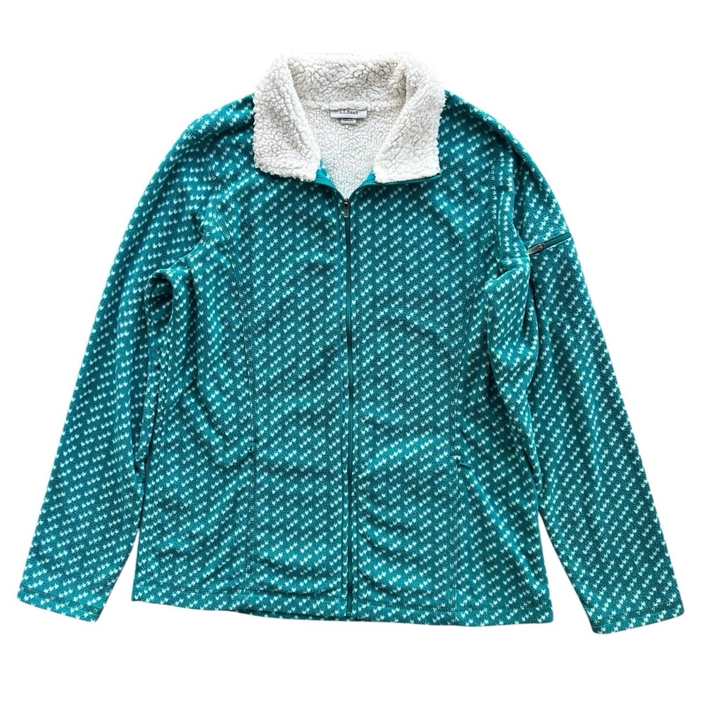 LL Bean Women M Teal White Pattern Full Zip Fleece Jacket Sherpa Collar Gorpcore